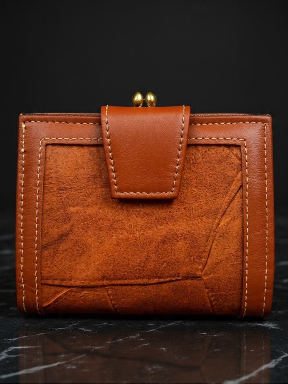 Vintage 70s NEW St Thomas Brown Patchwork Cowhide Leather Wallet | Kiss Lock
